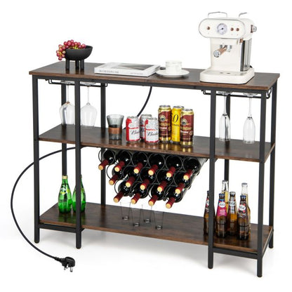 Wine Bar Cabinet Wine Rack with Bottle Racks and Storage Shelves-Brown