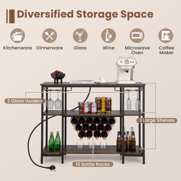 Wine Bar Cabinet Wine Rack with Bottle Racks and Storage Shelves-Brown
