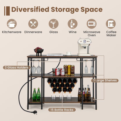 Wine Bar Cabinet Wine Rack with Bottle Racks and Storage Shelves-Brown