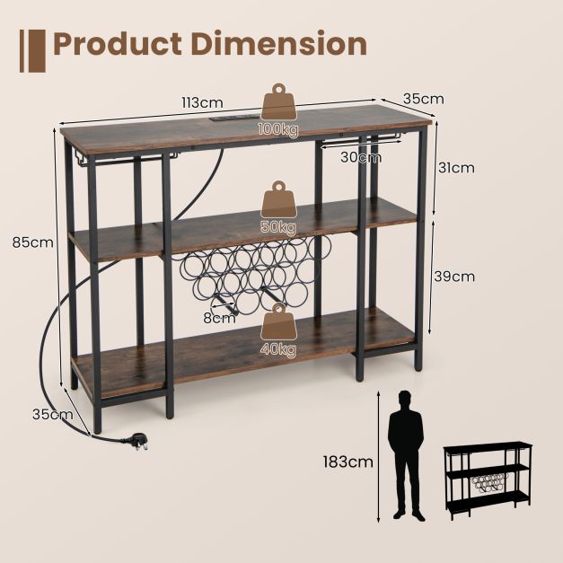Wine Bar Cabinet Wine Rack with Bottle Racks and Storage Shelves-Brown