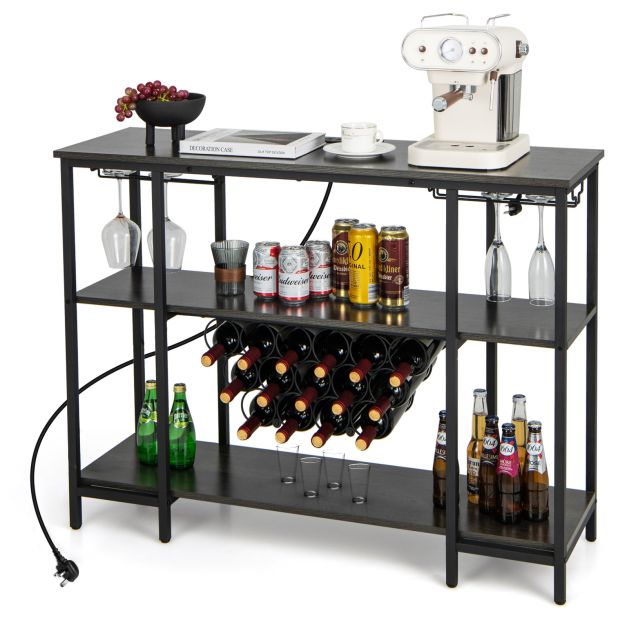 Wine Bar Cabinet Wine Rack with Bottle Racks and Storage Shelves-Grey
