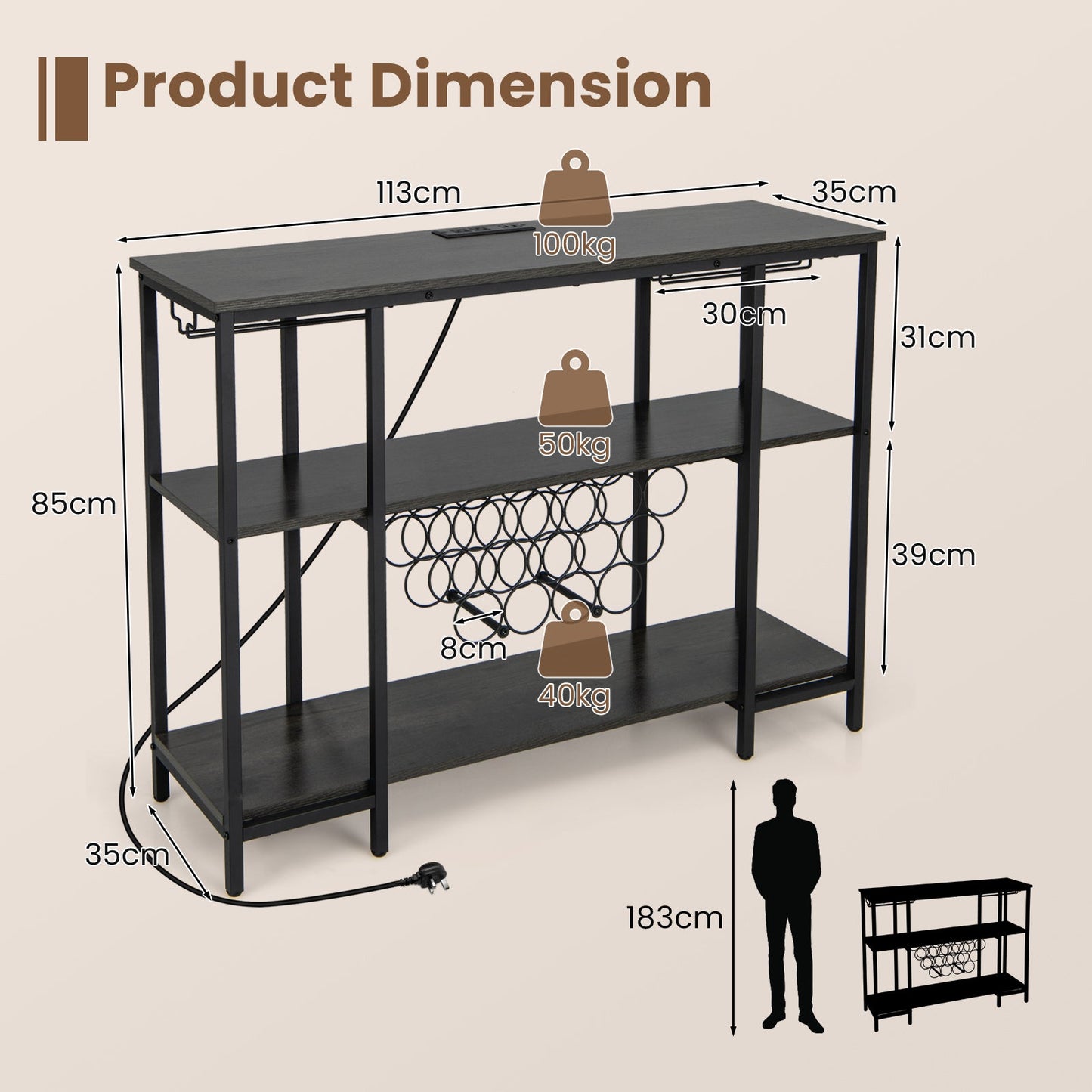 Wine Bar Cabinet Wine Rack with Bottle Racks and Storage Shelves-Grey