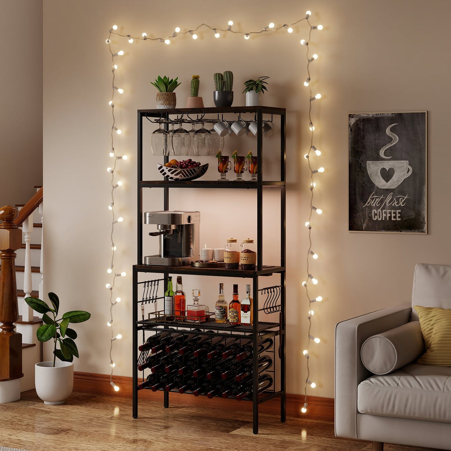 Wine Organizer with Power Outlet Multi-Tier Bakers Rack with Glass-Rustic Brown
