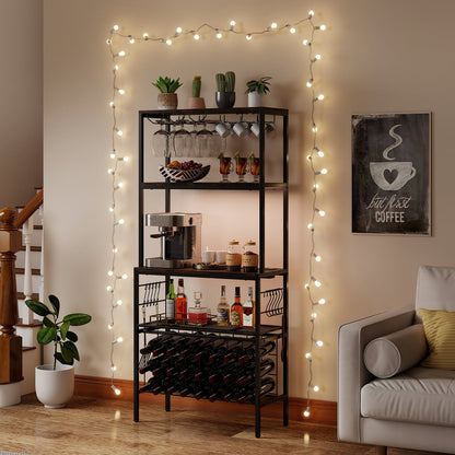 Wine Organizer with Power Outlet Multi-Tier Bakers Rack with Glass-Rustic Brown