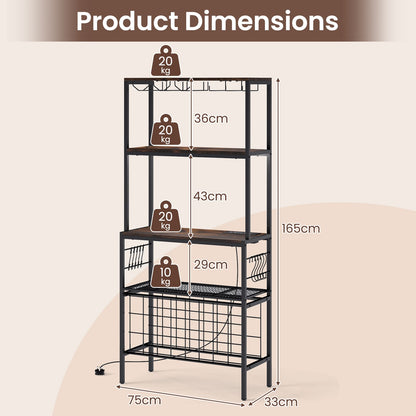 Wine Organizer with Power Outlet Multi-Tier Bakers Rack with Glass-Rustic Brown