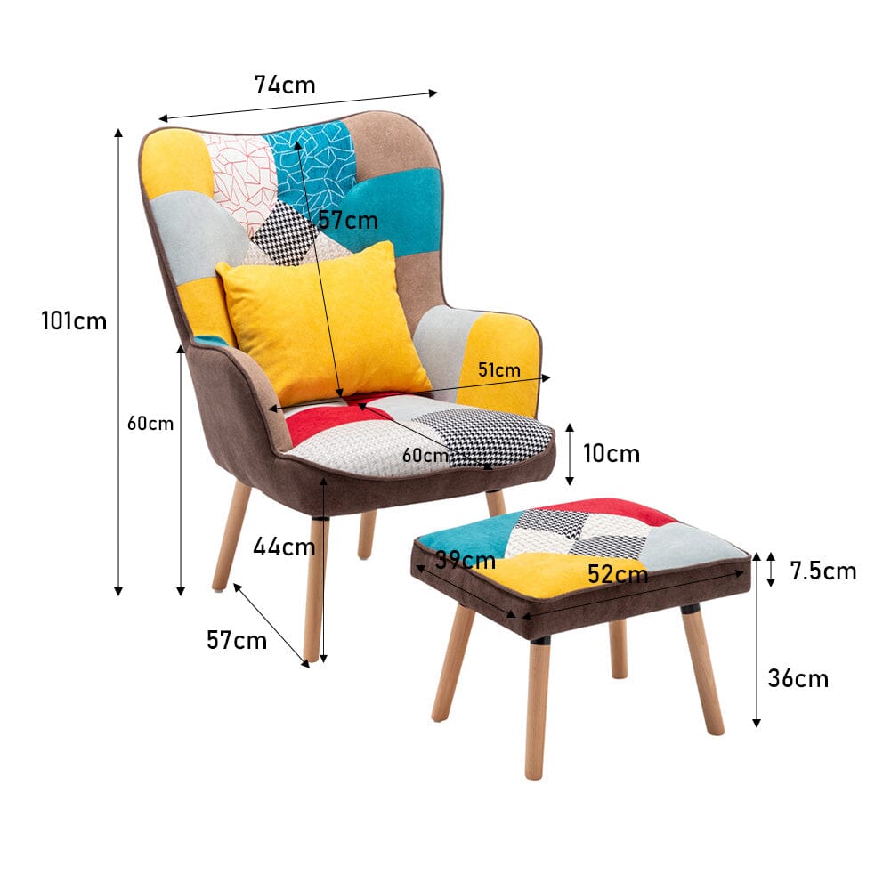 101cm H Multicolour Patched Fabric Wingback Chair and Footstool Set