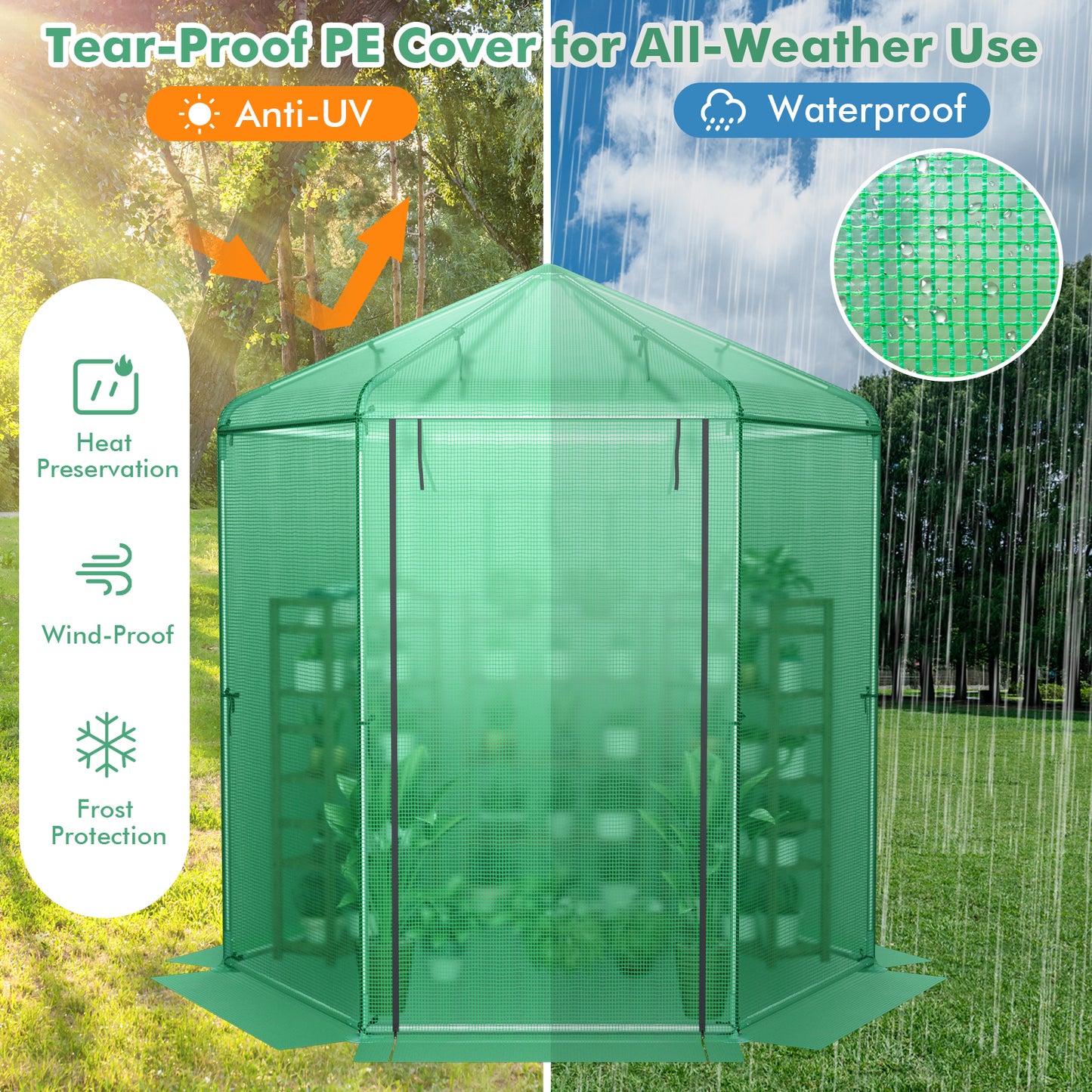 214 x 183 x 227 cm Walk-In Greenhouse with PE Cover and Metal Frame