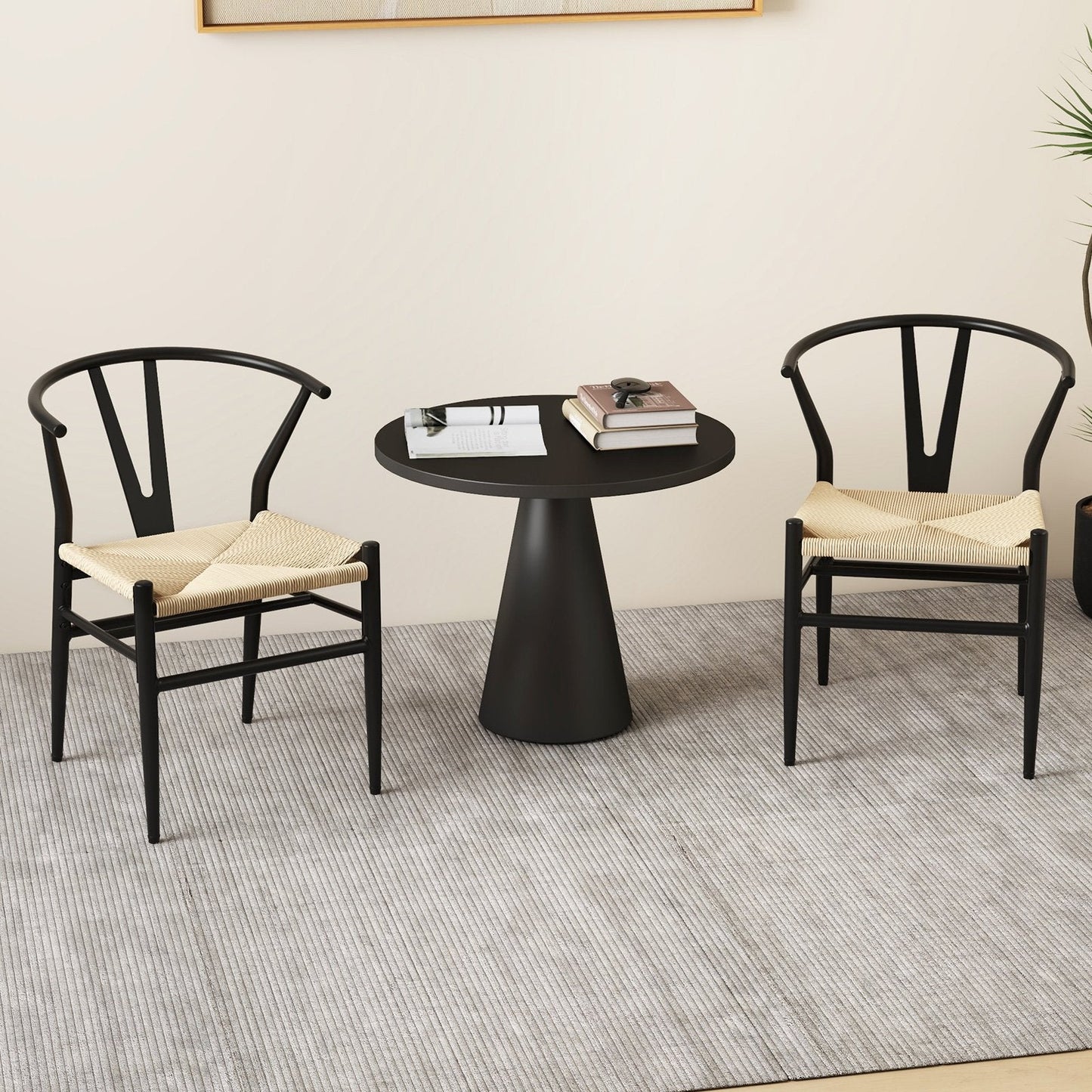 Wishbone Dining Chair Set of 2 with Y-Shaped Backrest and Woven Twine Seat-Beige