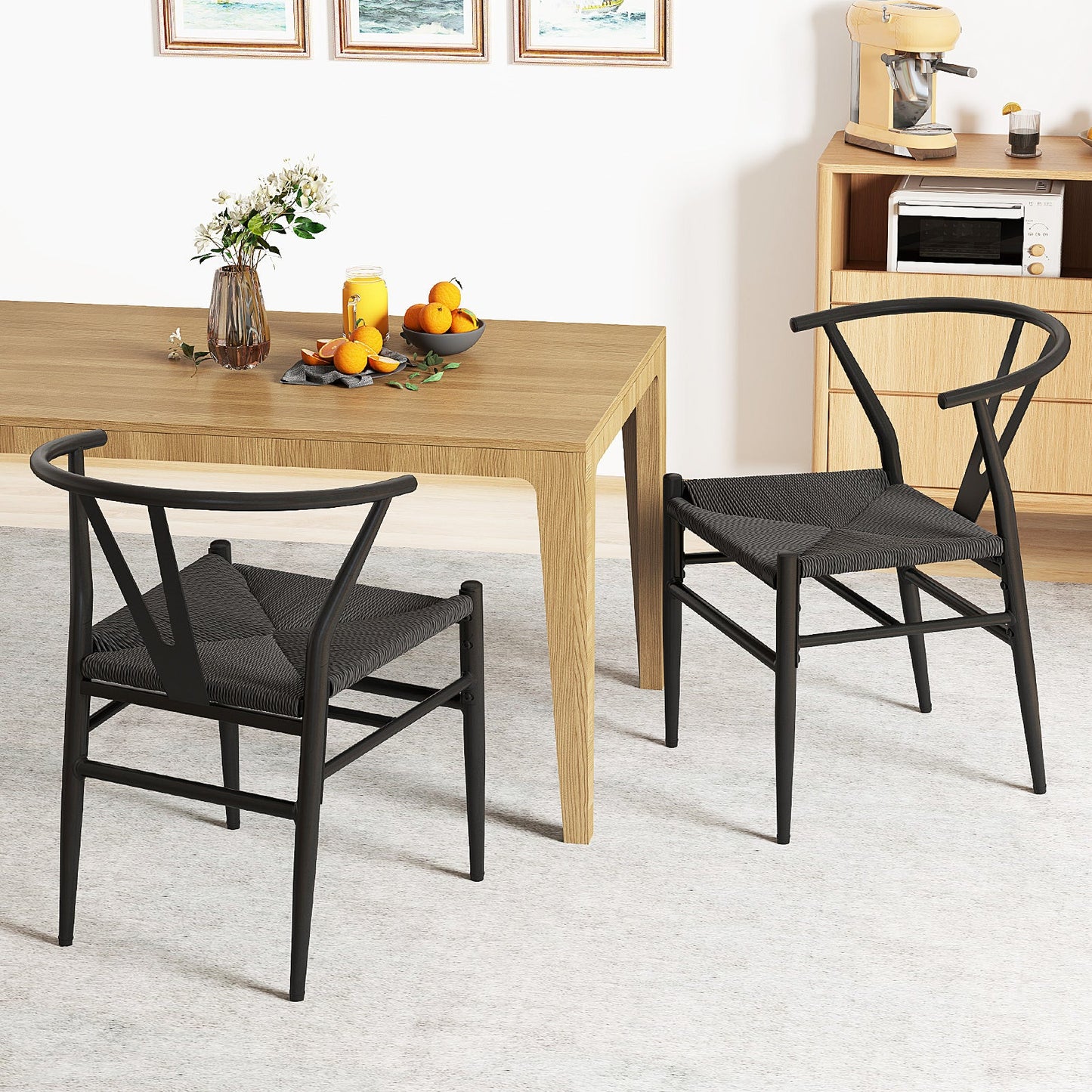 Wishbone Dining Chair Set of 2 with Y-Shaped Backrest and Woven Twine Seat-Black