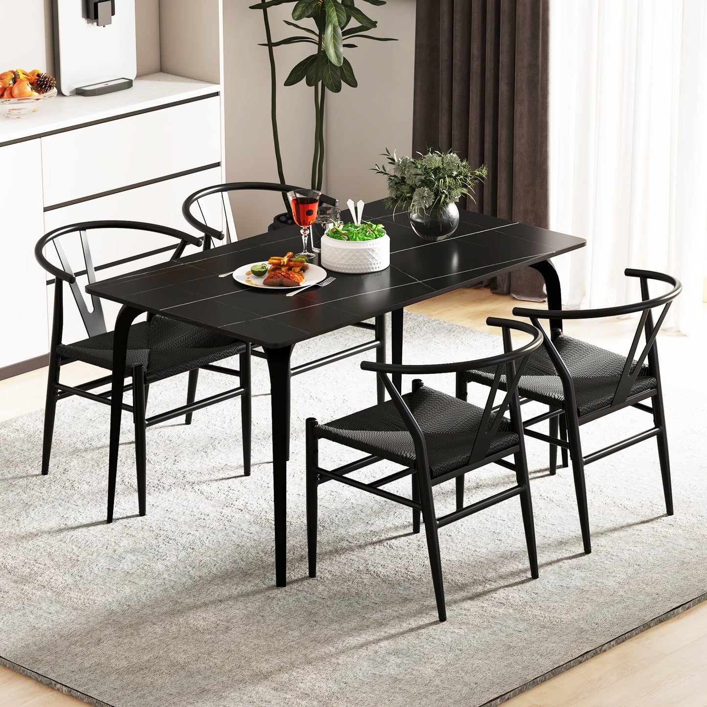 Wishbone Dining Chair Set of 2 with Y-Shaped Backrest and Woven Twine Seat-Black