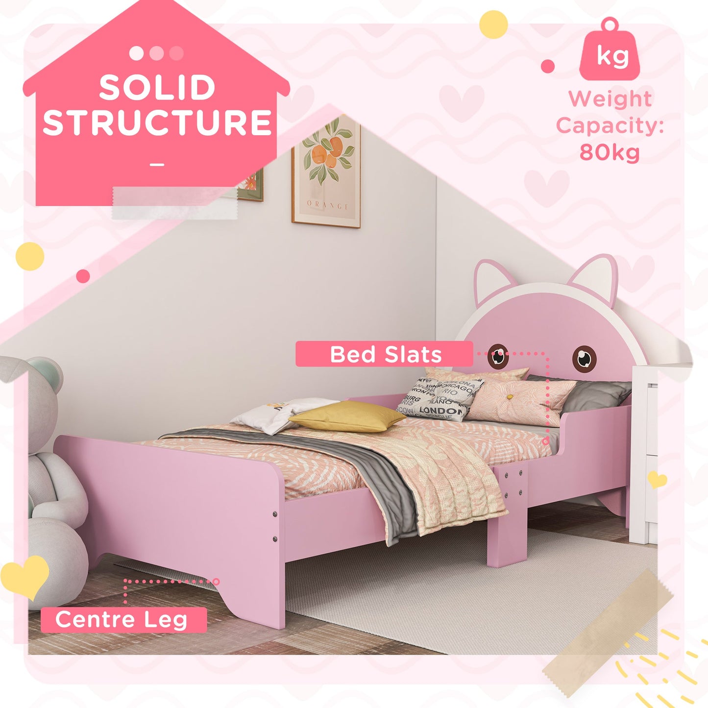 ZONEKIZ Bed for Kids Cat Design Toddler Bed Frame Bedroom Furniture with Guardrails, for 3-6 Years, 143L x 74W x 72Hcm - Pink