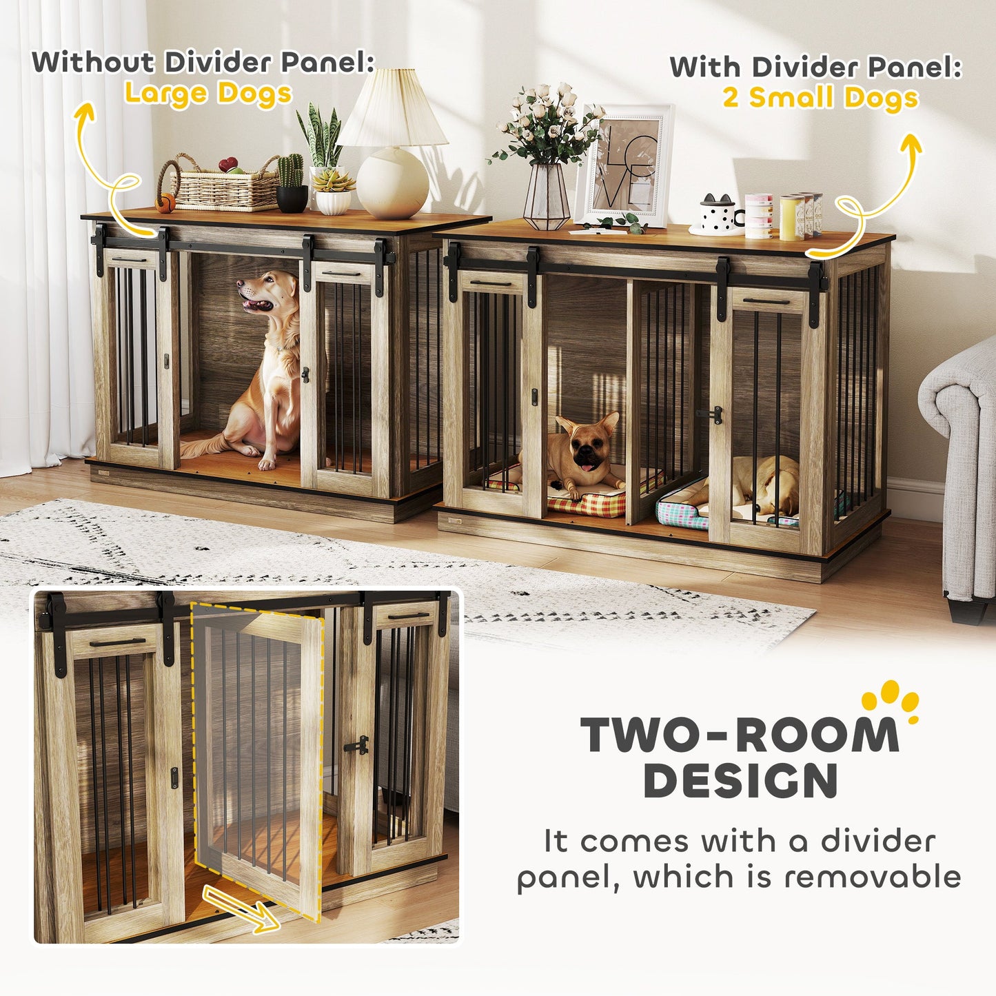 PawHut Dog Crate Furniture for Large Dogs, Double Dog Cage for Small Dogs, with Sliding Doors - Oak Tone