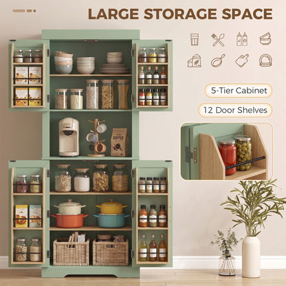 HOMCOM 183 cm Tall Kitchen Cupboard, Kitchen Cabinet with Open Countertop, Door Racks and Adjustable Shelves, Sage Green