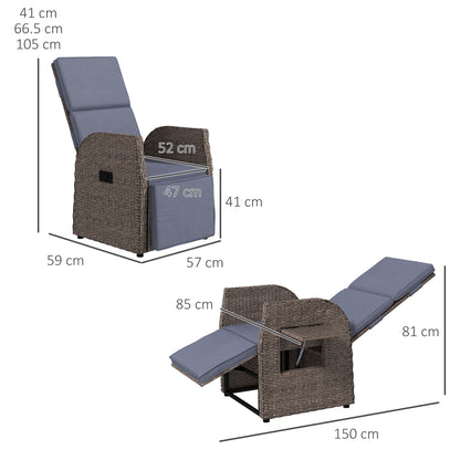 Outsunny 148Â° Reclining Rattan Garden Armchair, with Footrest - Brown/Grey