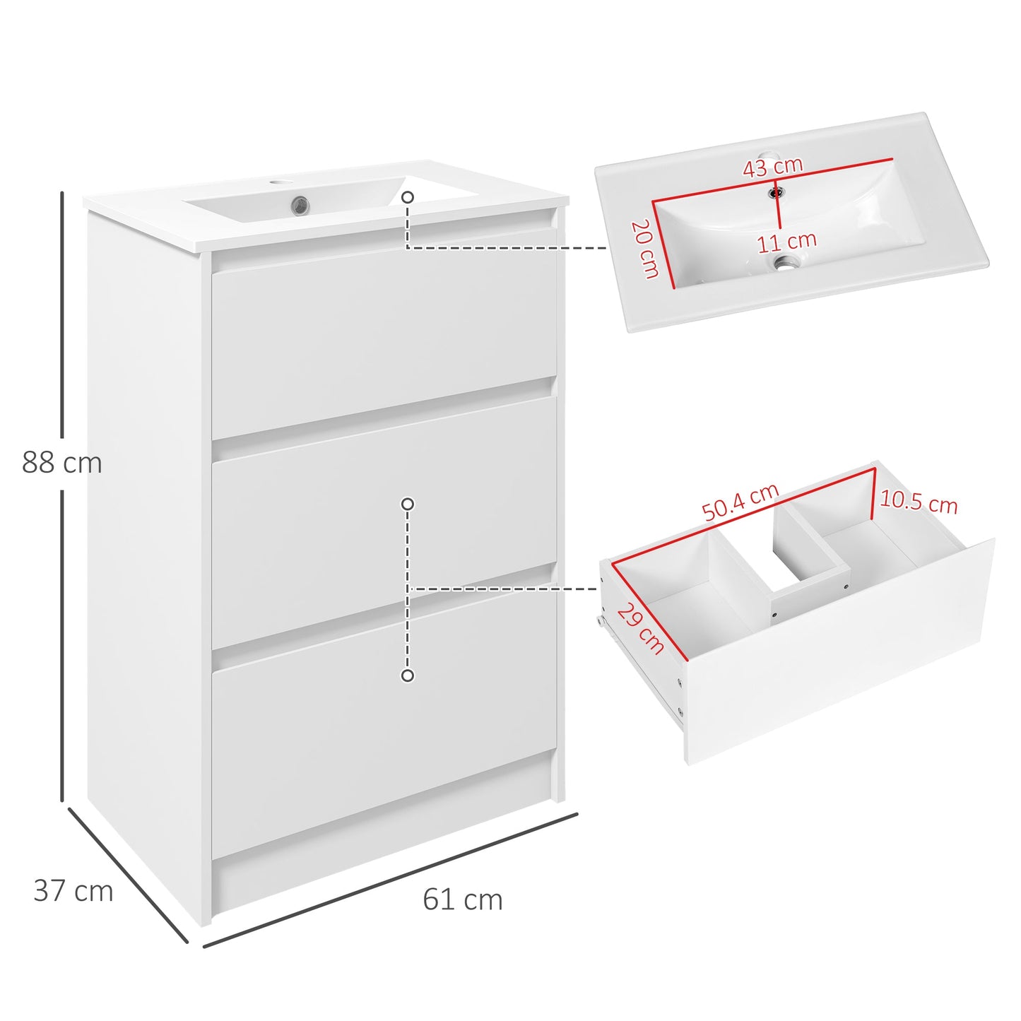 Kleankin 600mm Bathroom Vanity Unit with Basin and Single Tap Hole, High Gloss White Floor Standing Bathroom Sink Unit with 2 Drawers