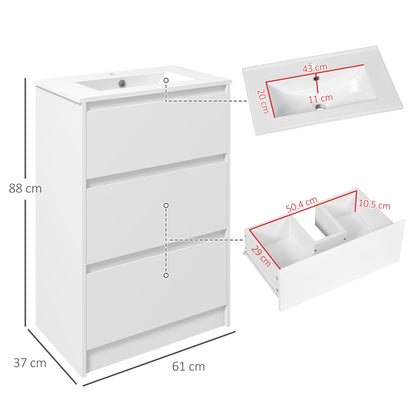 Kleankin 600mm Bathroom Vanity Unit with Basin and Single Tap Hole, High Gloss White Floor Standing Bathroom Sink Unit with 2 Drawers