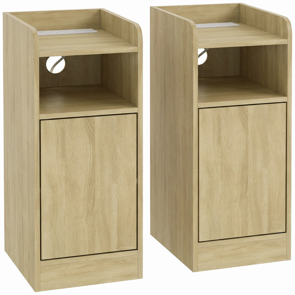 HOMCOM Slim Bedside Table Set of 2 with Charging Station, Narrow Bedside Cabinet with Adjustable Shelf, Oak