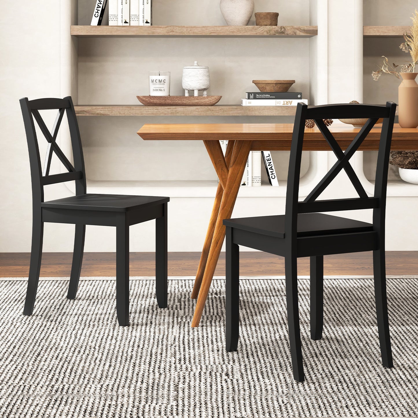 Wood Dining Chair Set of 2 with Rubber Wood Legs-Black