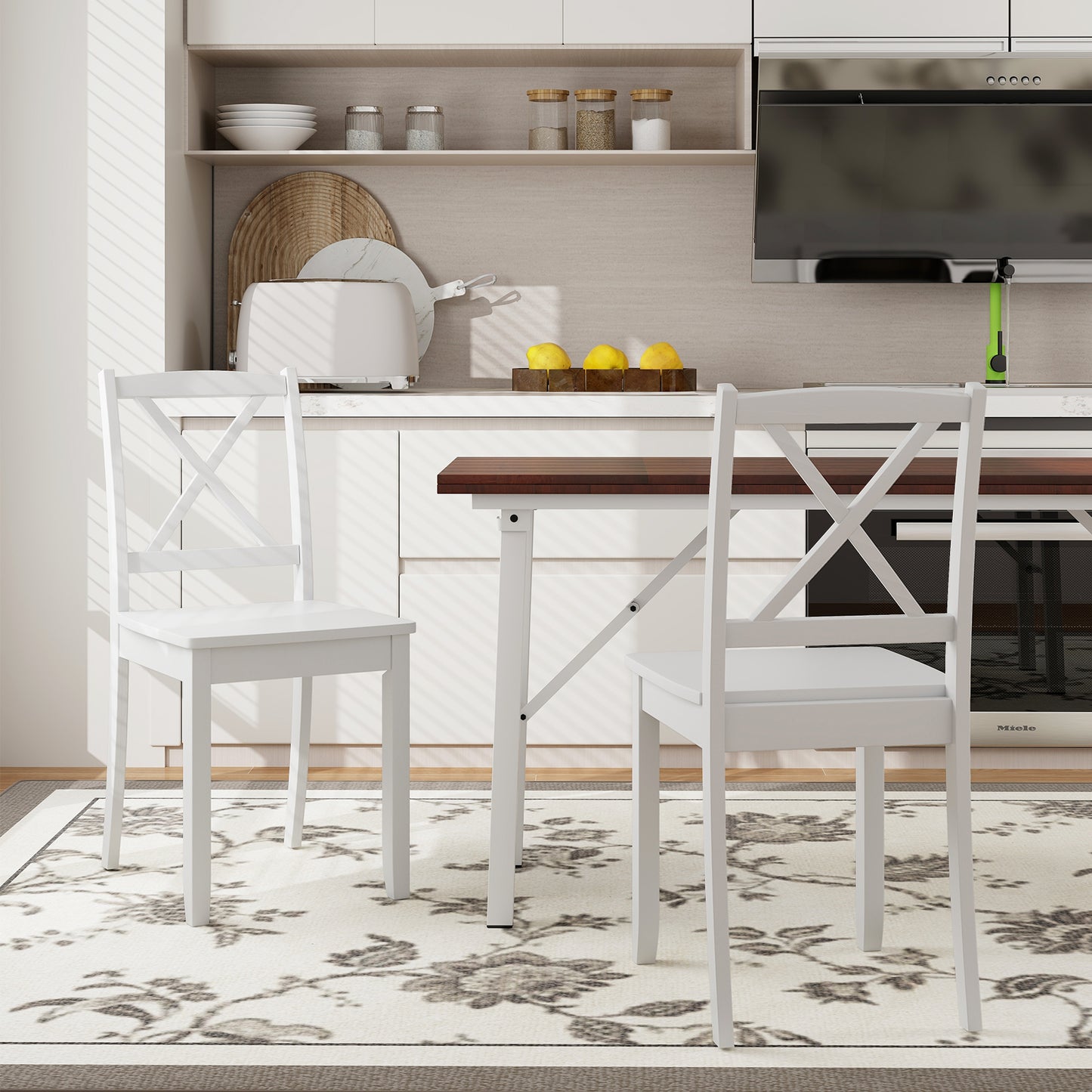 Wood Dining Chair Set of 2 with Rubber Wood Legs-White