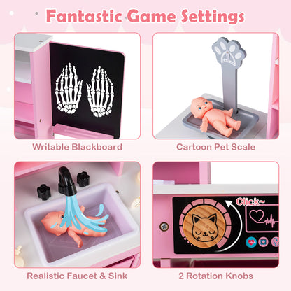 Wood Medical Center Toy Set with Blackboard and Pet Scale for Boys Girls-Pink