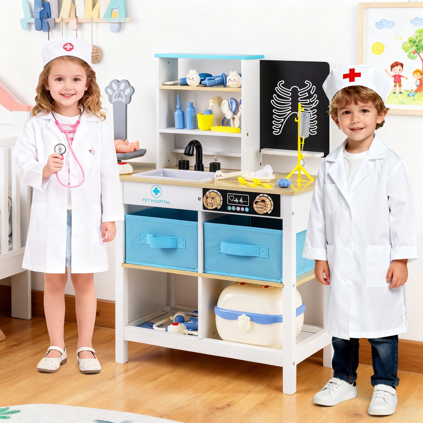 Wood Medical Center Toy Set with Blackboard and Pet Scale for Boys Girls-White
