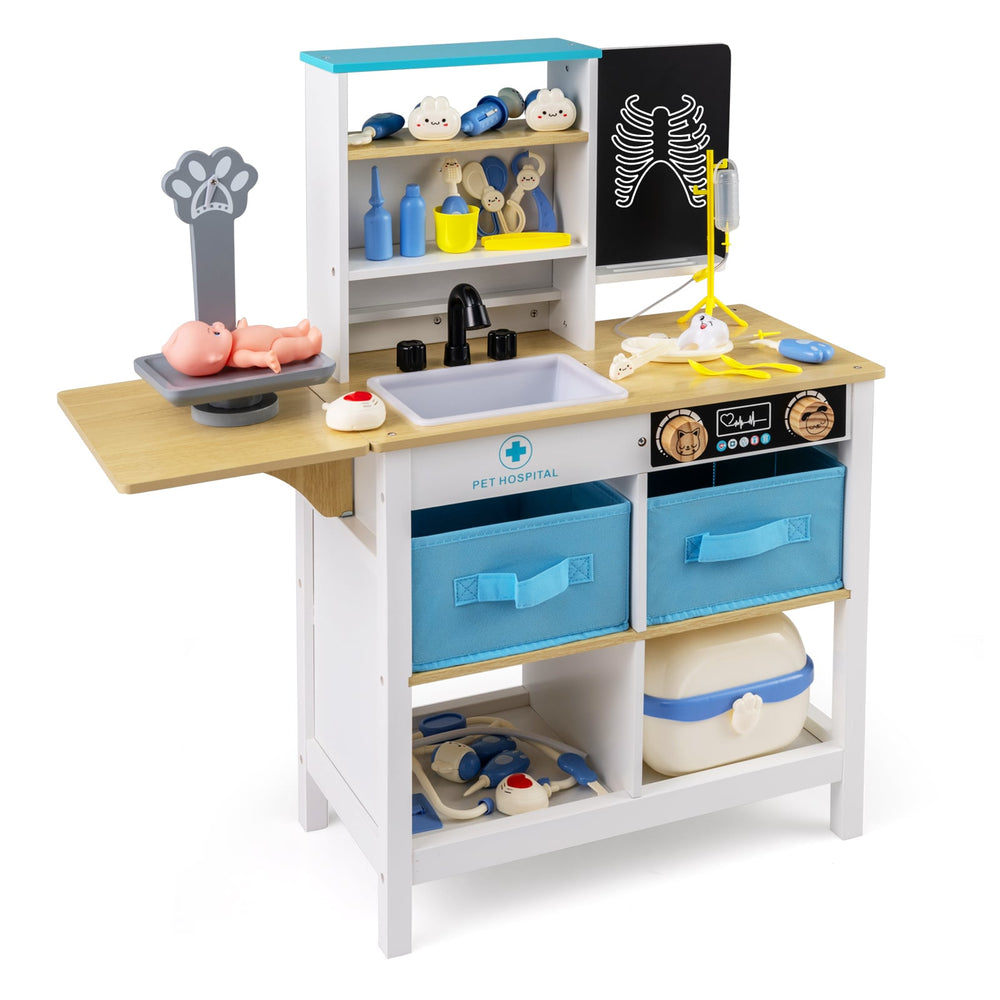 Wood Medical Center Toy Set with Blackboard and Pet Scale for Boys Girls-White