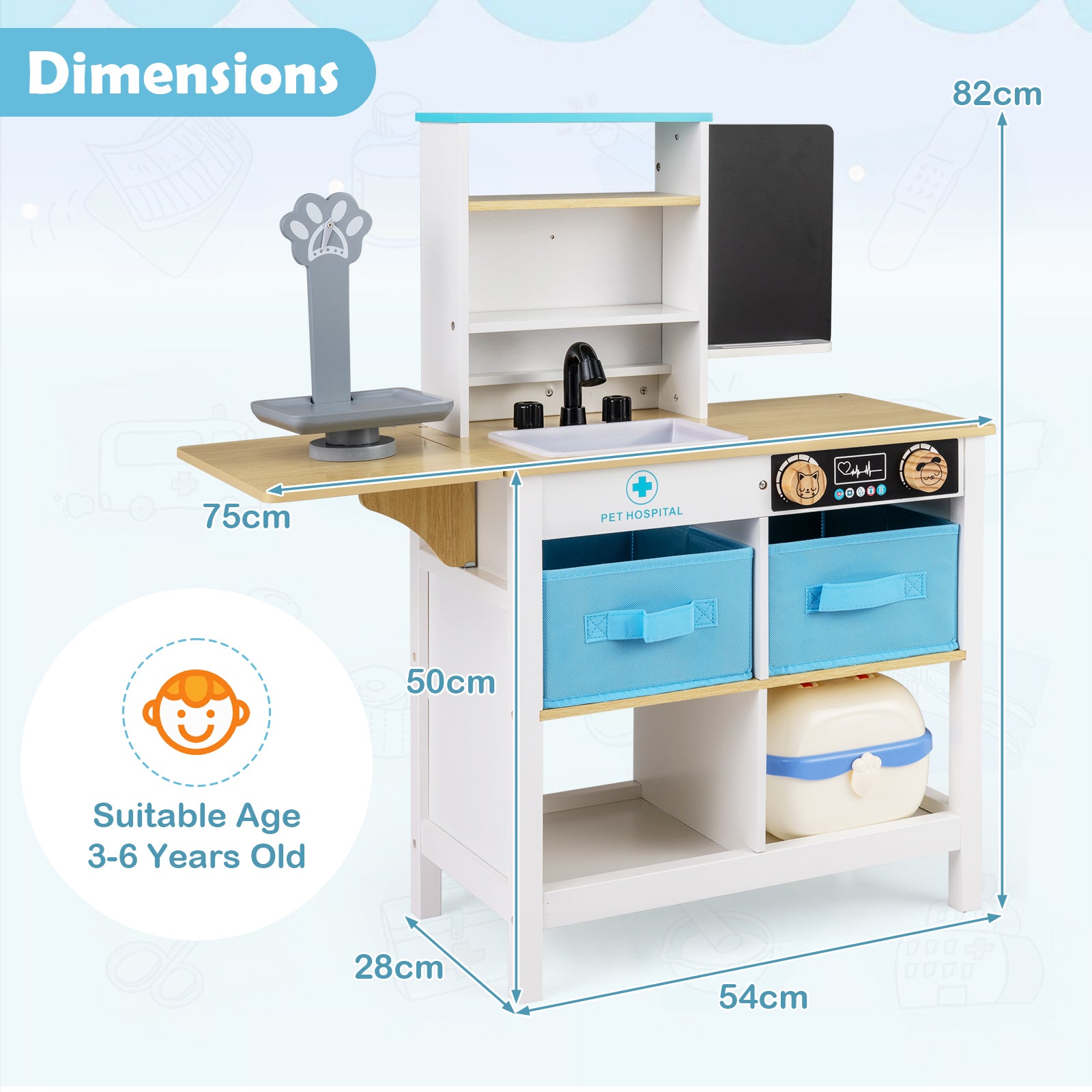 Wood Medical Center Toy Set with Blackboard and Pet Scale for Boys Girls-White