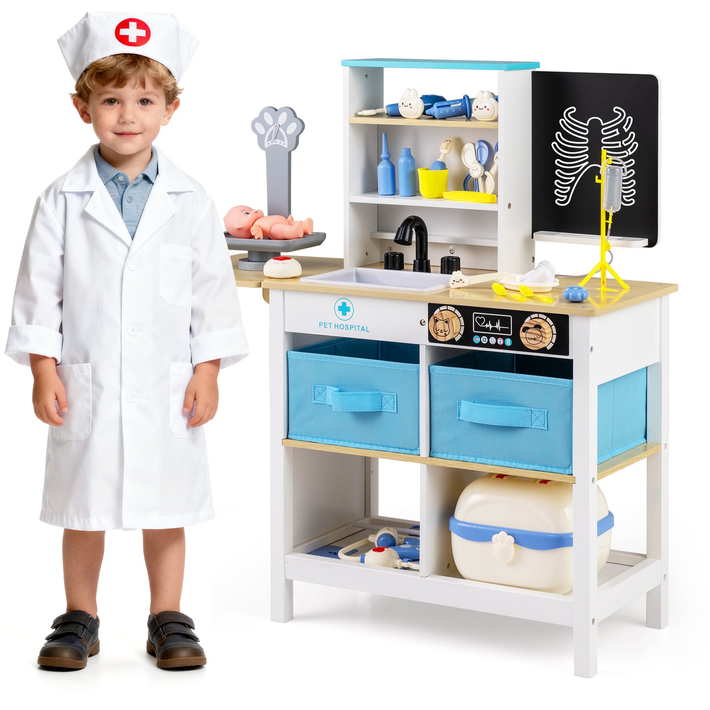 Wood Medical Center Toy Set with Blackboard and Pet Scale for Boys Girls-White