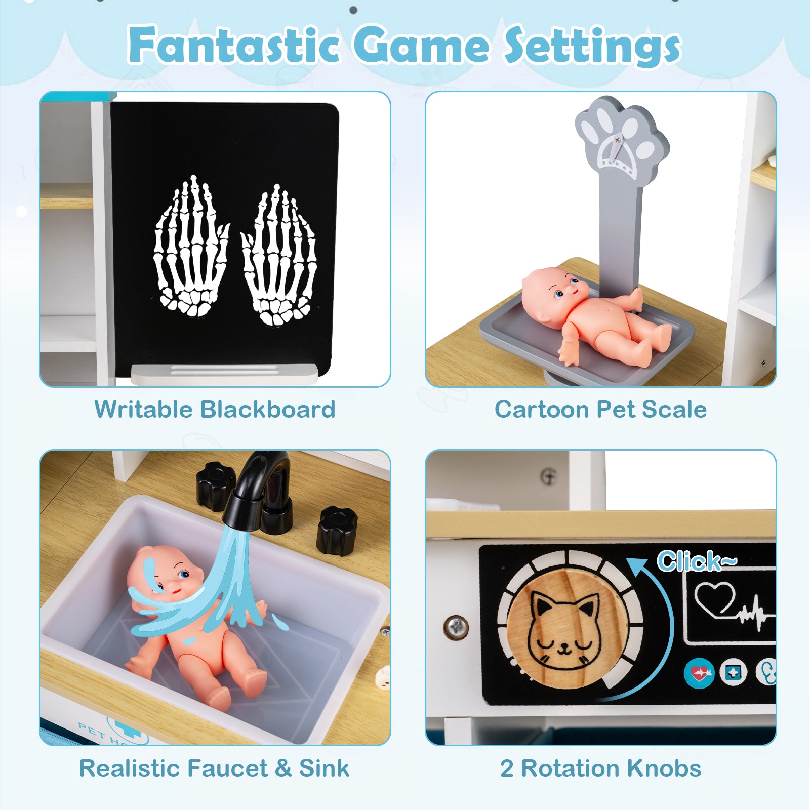 Wood Medical Center Toy Set with Blackboard and Pet Scale for Boys Girls-White
