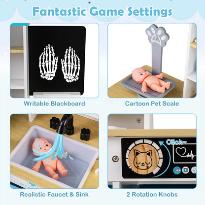 Wood Medical Center Toy Set with Blackboard and Pet Scale for Boys Girls-White