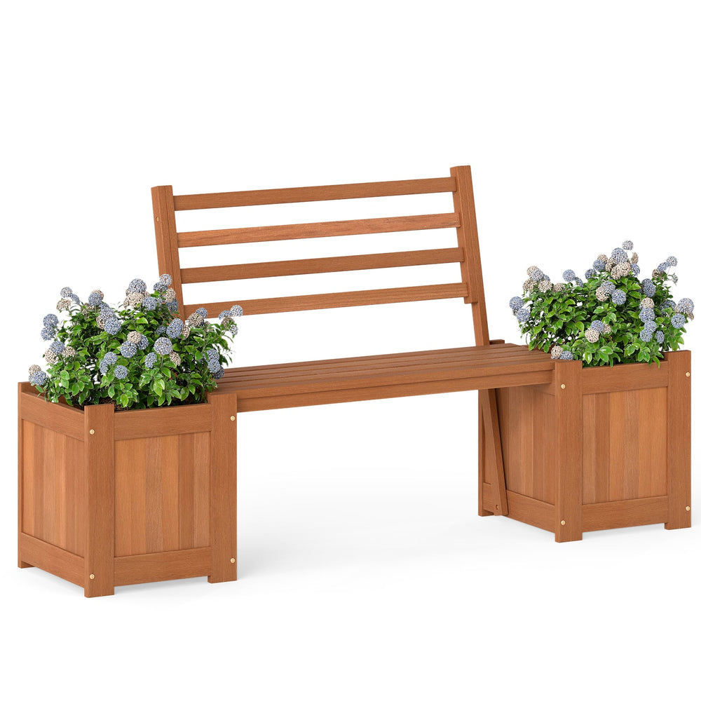 Wood Outdoor Planter Box with Bench Garden Seat with 2 Flower Boxes and Backrest