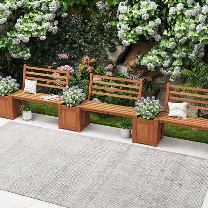 Wood Outdoor Planter Box with Bench Garden Seat with 2 Flower Boxes and Backrest