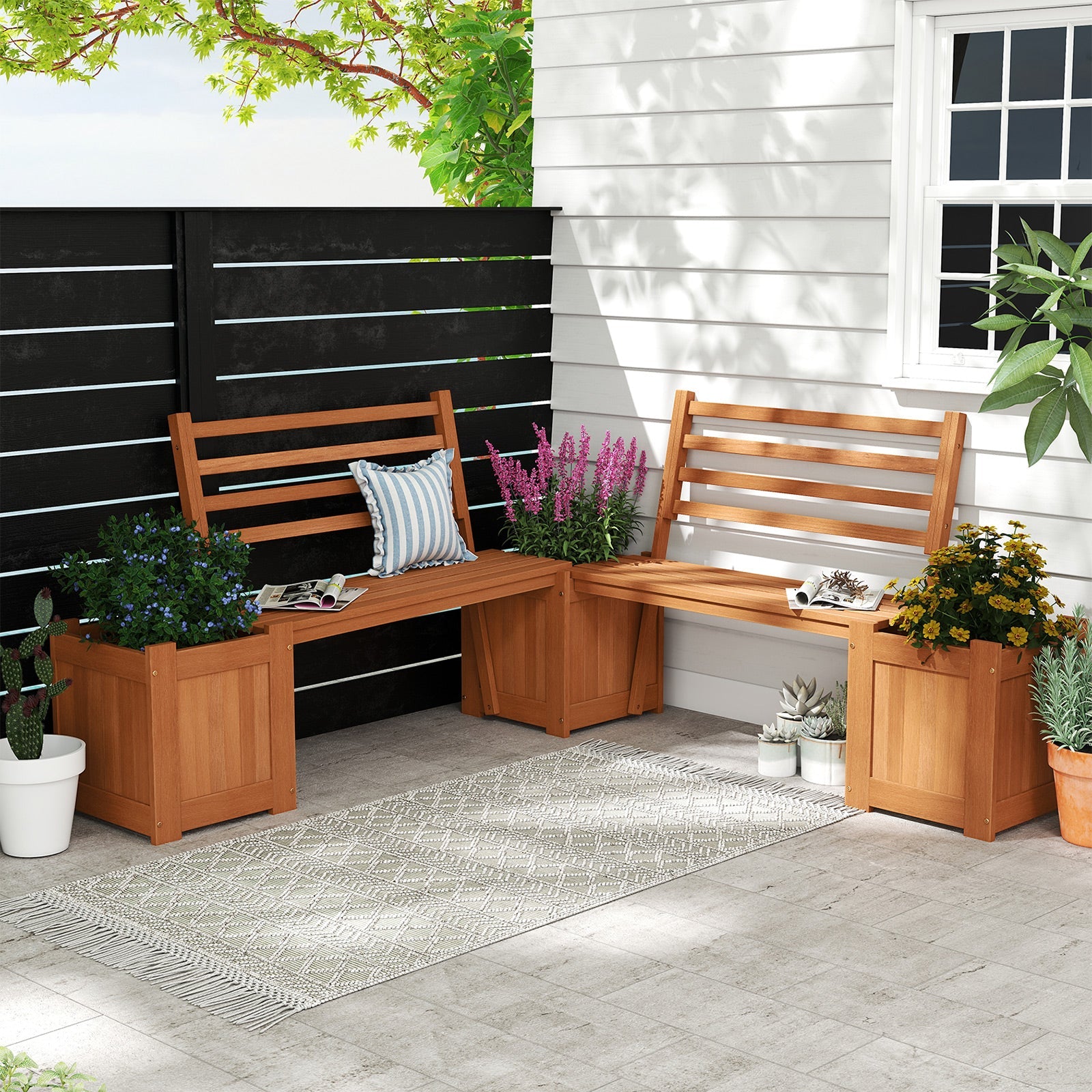 Wood Outdoor Planter Box with Bench Garden Seat with 2 Flower Boxes and Backrest