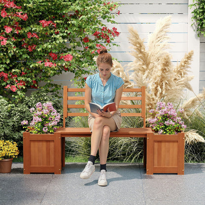Wood Outdoor Planter Box with Bench Garden Seat with 2 Flower Boxes and Backrest