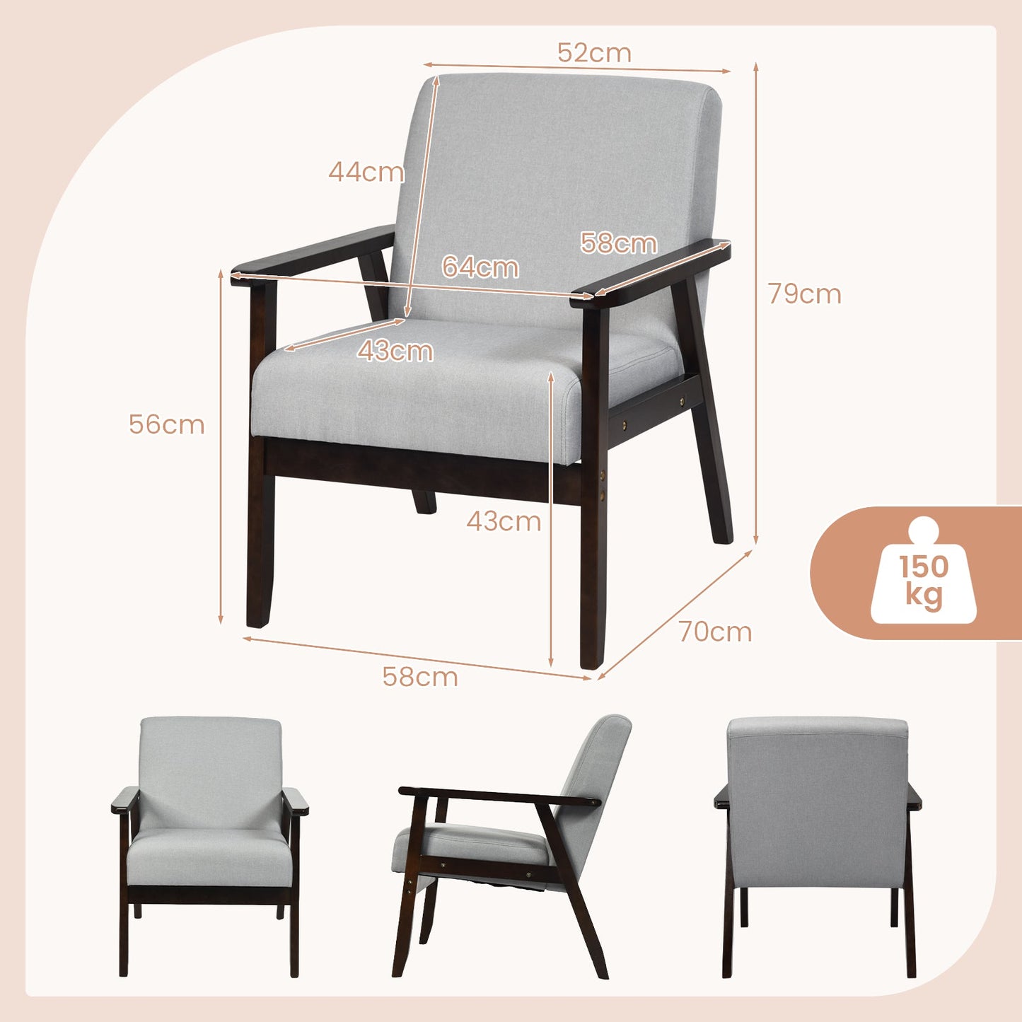 Modern Upholstered Linen Fabric Accent Sofa Chair with Wooden Armrest-Light Grey