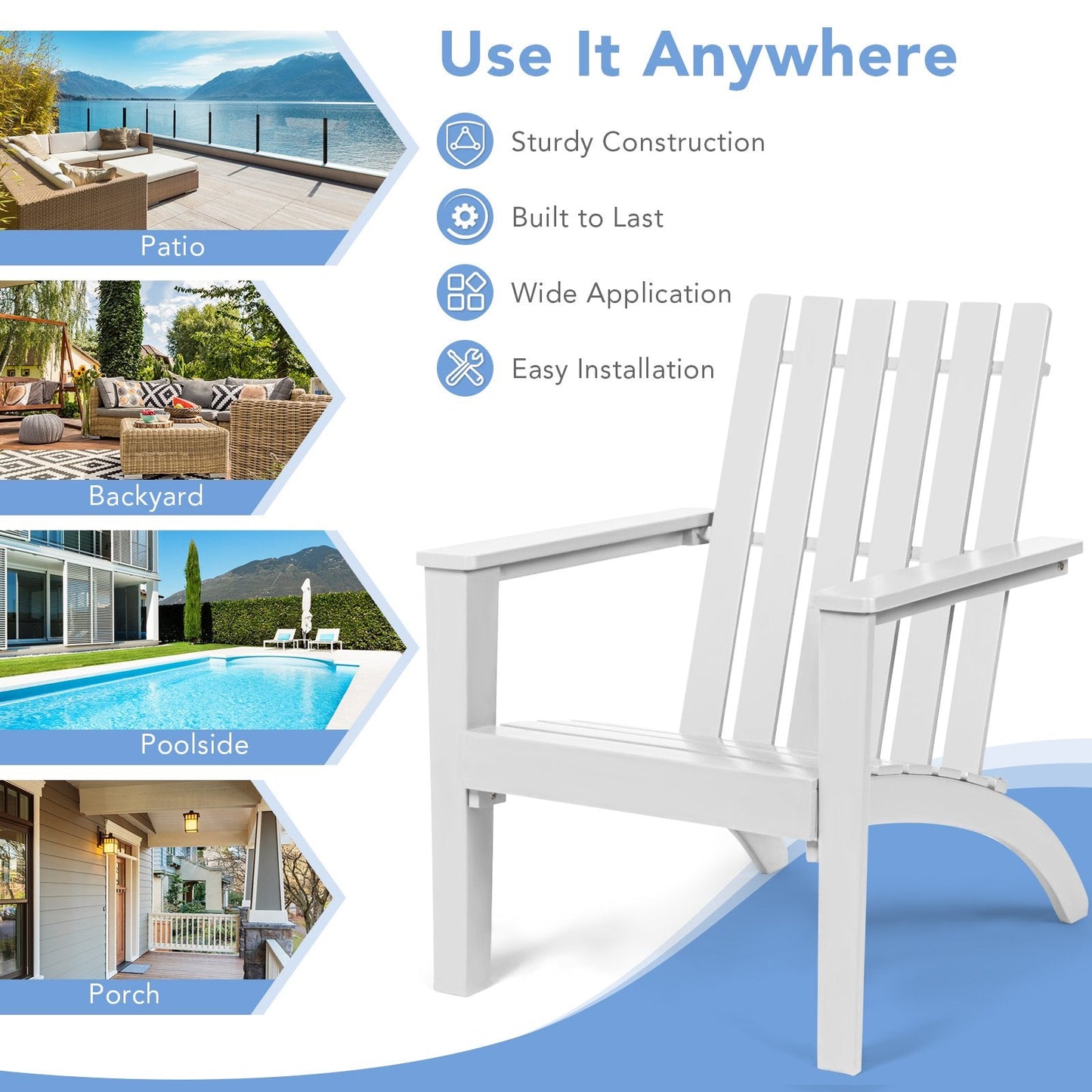 Wood Adirondack Chair with Solid Acacia Wood and 160KG Weight Capacity-White