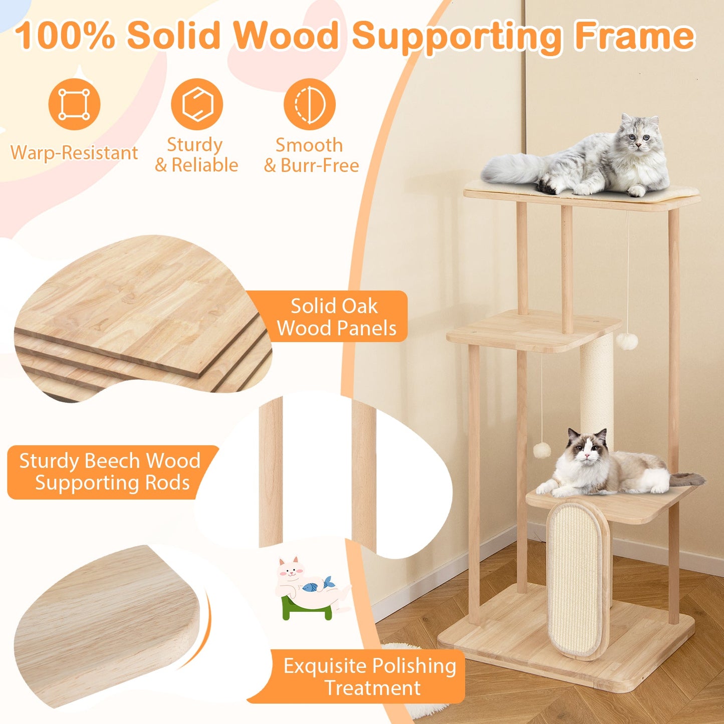 126 cm Tall Solid Wood Cat Tree with Oak Frame and Beech Post for Kittens and Adult Cats
