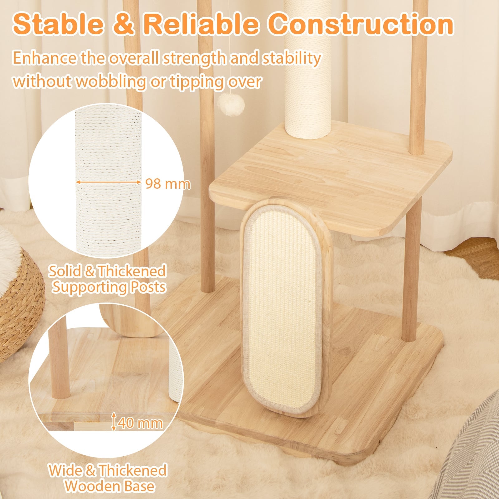 126 cm Tall Solid Wood Cat Tree with Oak Frame and Beech Post for Kittens and Adult Cats