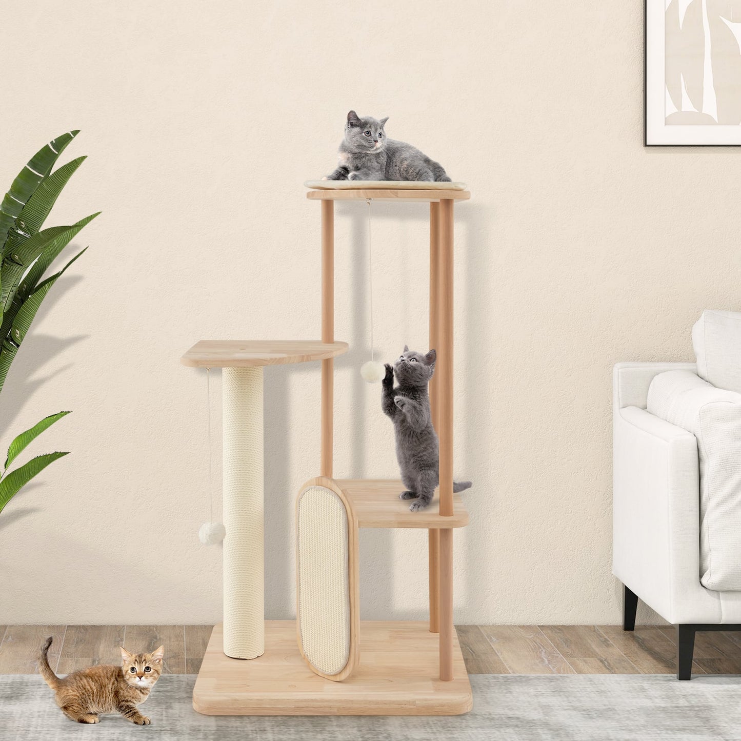 Multi-level Modern Wood Cat Tree with Scratching Board and Post