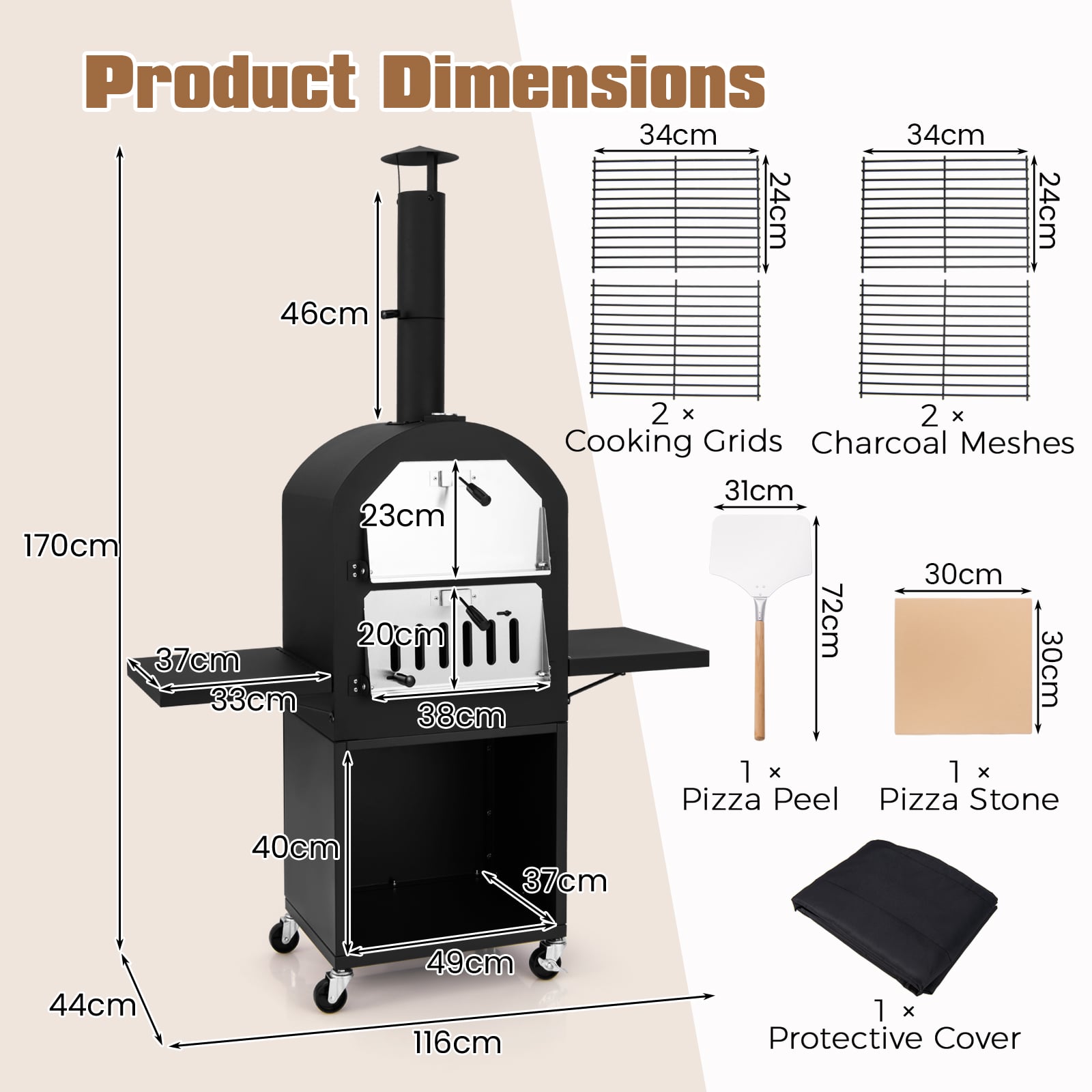 Wood Fired Pizza Oven with Protective Cover Pizza Stone Pizza Peel and Storage