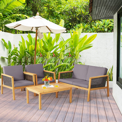4-Piece Patio Acacia Wood Furniture Set with Removable Cushions-Grey