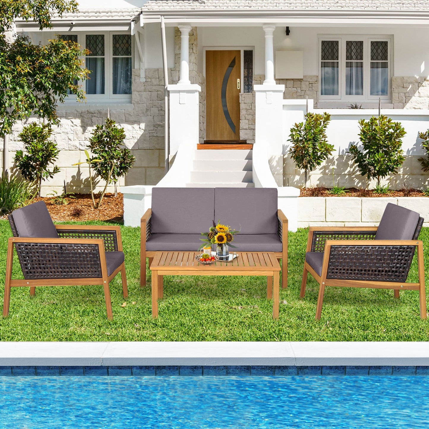 4-Piece Patio Acacia Wood Furniture Set with Removable Cushions-Grey