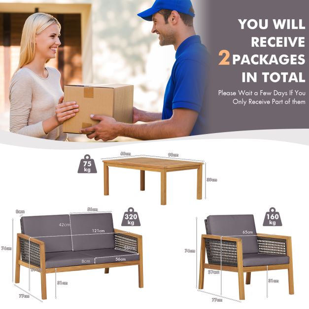 4-Piece Patio Acacia Wood Furniture Set with Removable Cushions-Grey