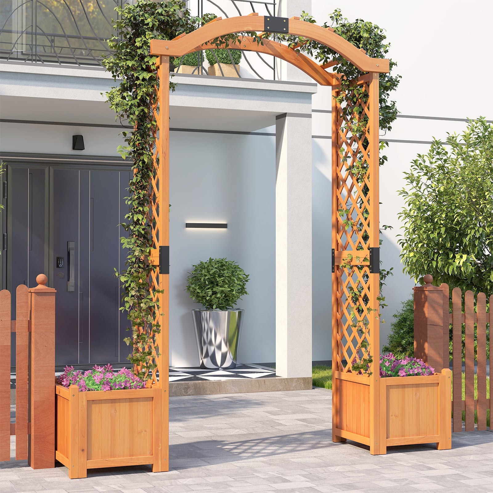 201 cm Tall Wood Garden Arbor with Planter Boxes for Climbing Plants-Yellow