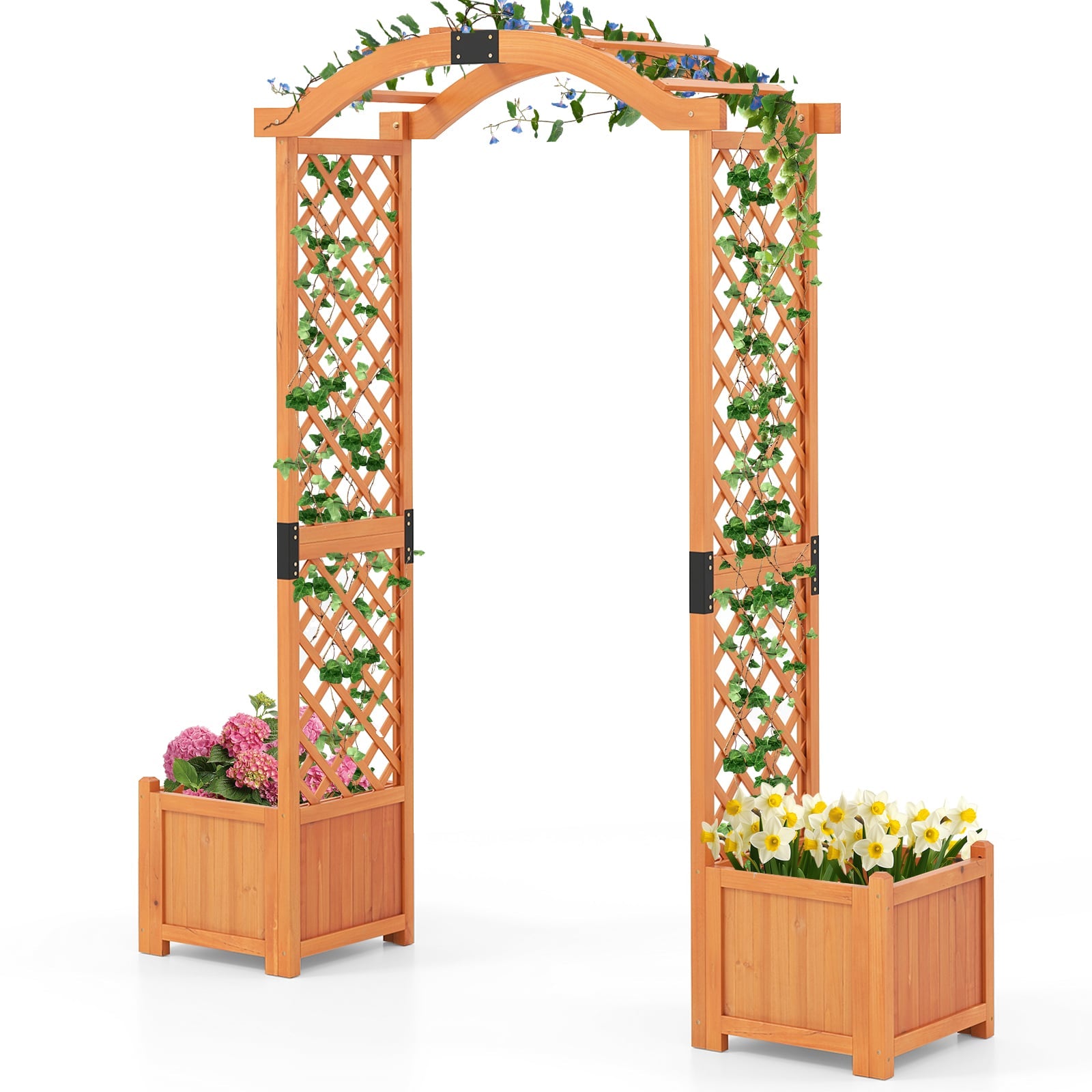 201 cm Tall Wood Garden Arbor with Planter Boxes for Climbing Plants-Yellow