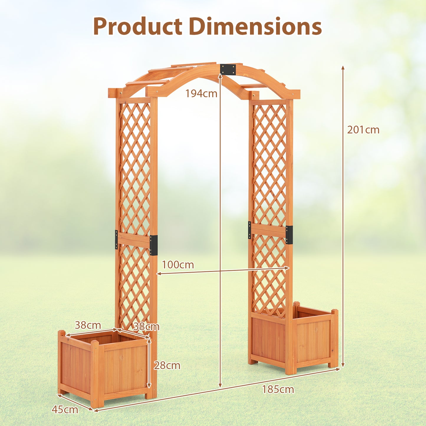 201 cm Tall Wood Garden Arbor with Planter Boxes for Climbing Plants-Yellow