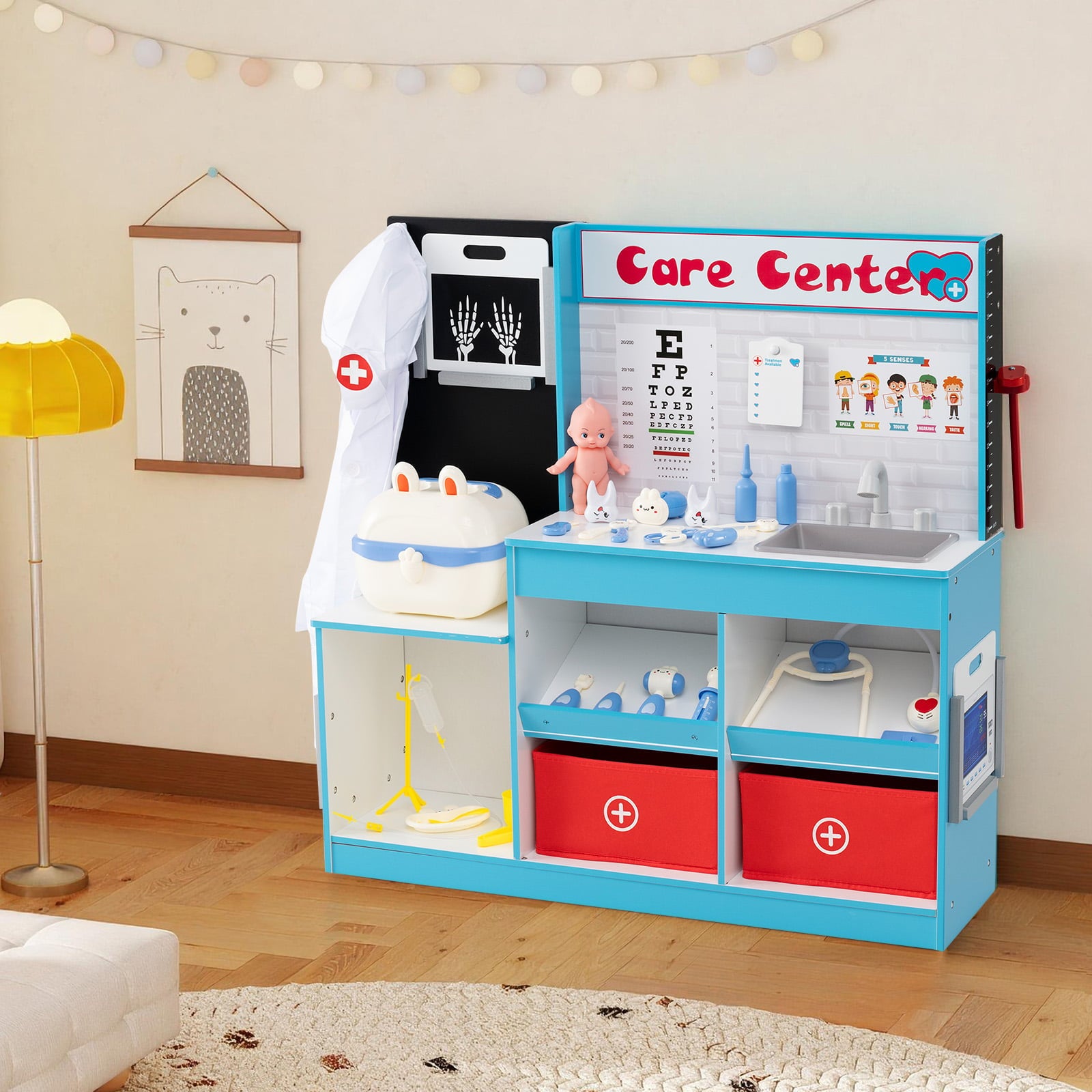 Wood Medical Center Toy Set with Examine Region and Height Measurer-Blue