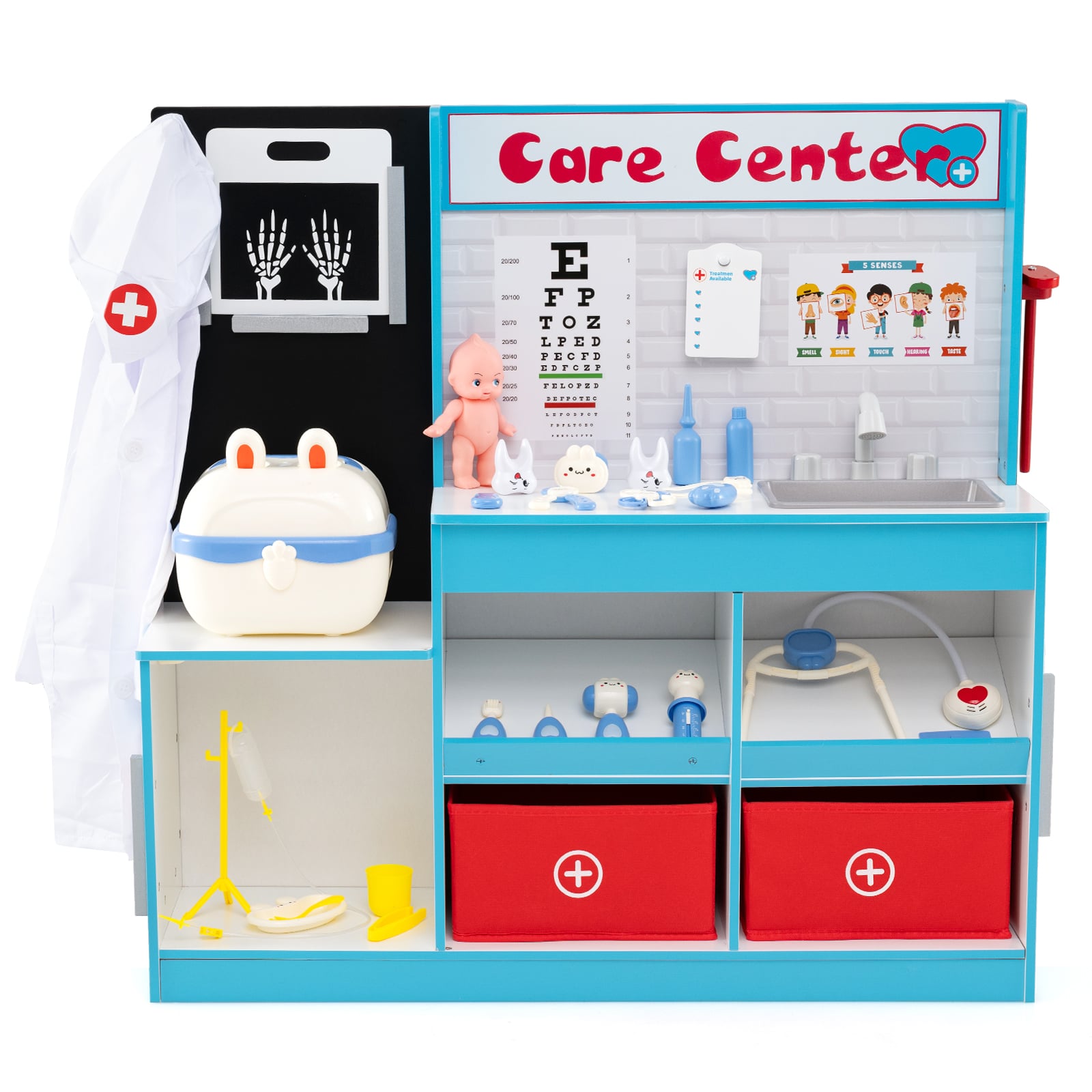 Wood Medical Center Toy Set with Examine Region and Height Measurer-Blue