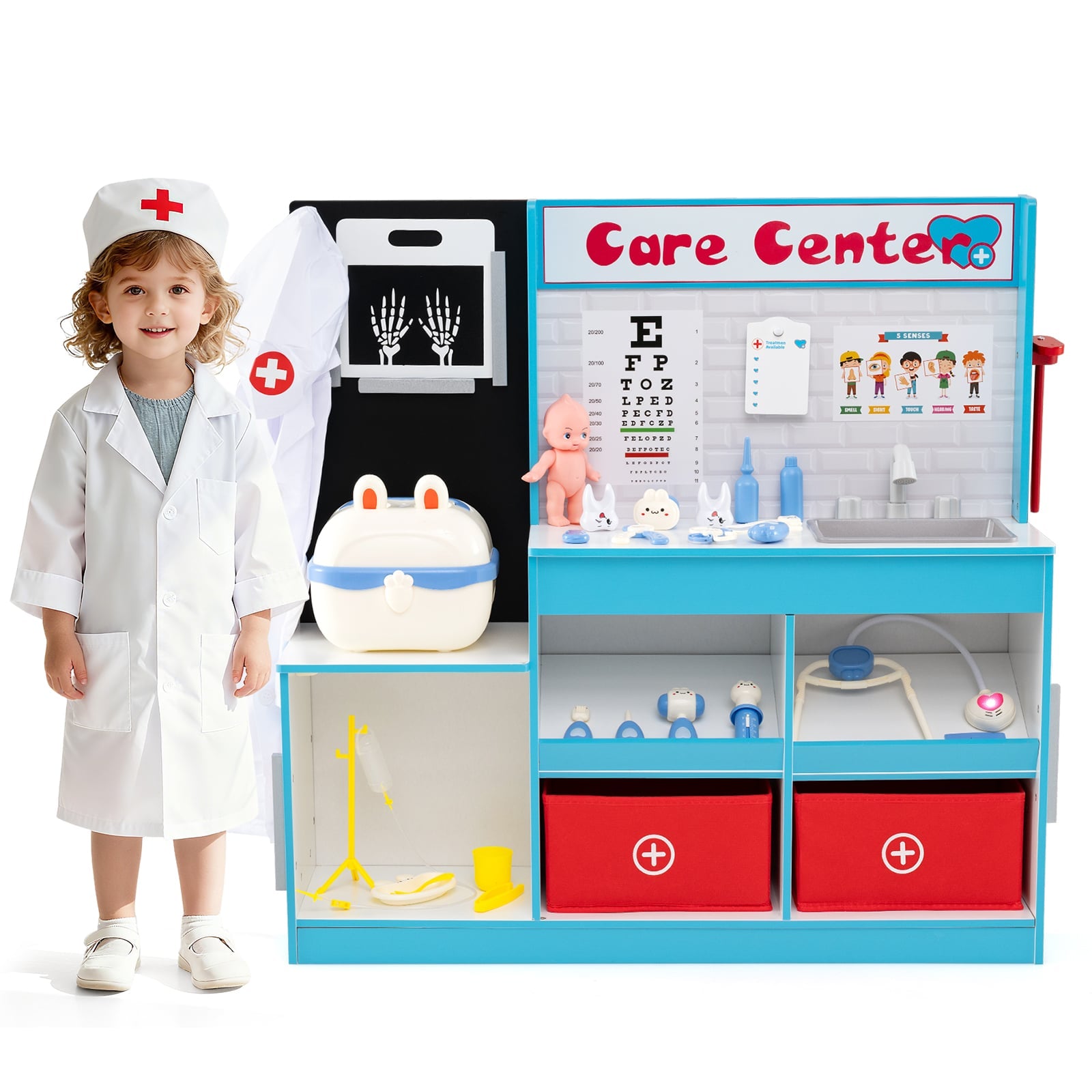 Wood Medical Center Toy Set with Examine Region and Height Measurer-Blue