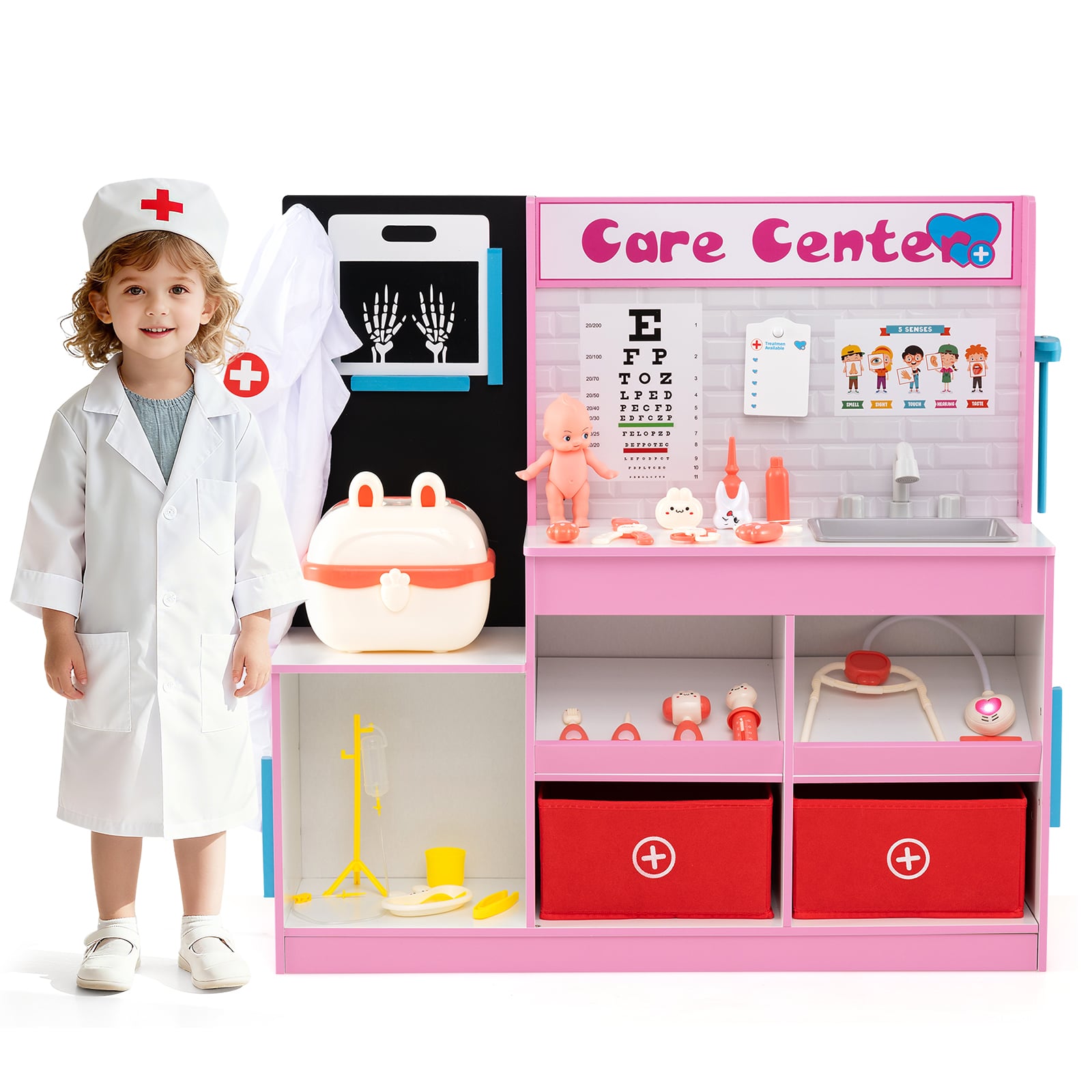 Wood Medical Center Toy Set with Examine Region and Height Measurer-Pink